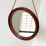 Mid Century solid teak wall mirror with a leather strap - Danish design