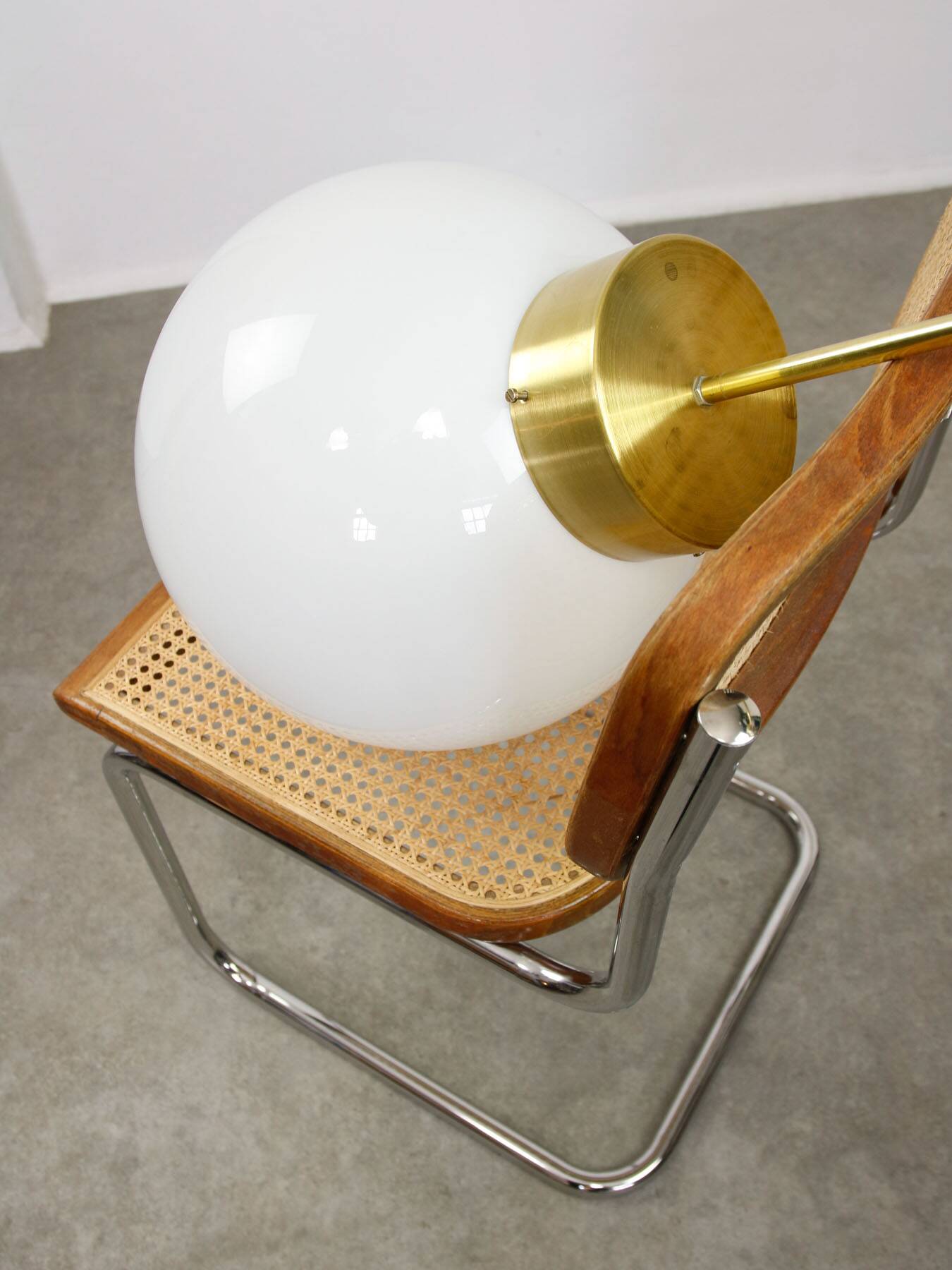 Big Mid-Century Italian Opaline & Brass Globe Pendant Lamp