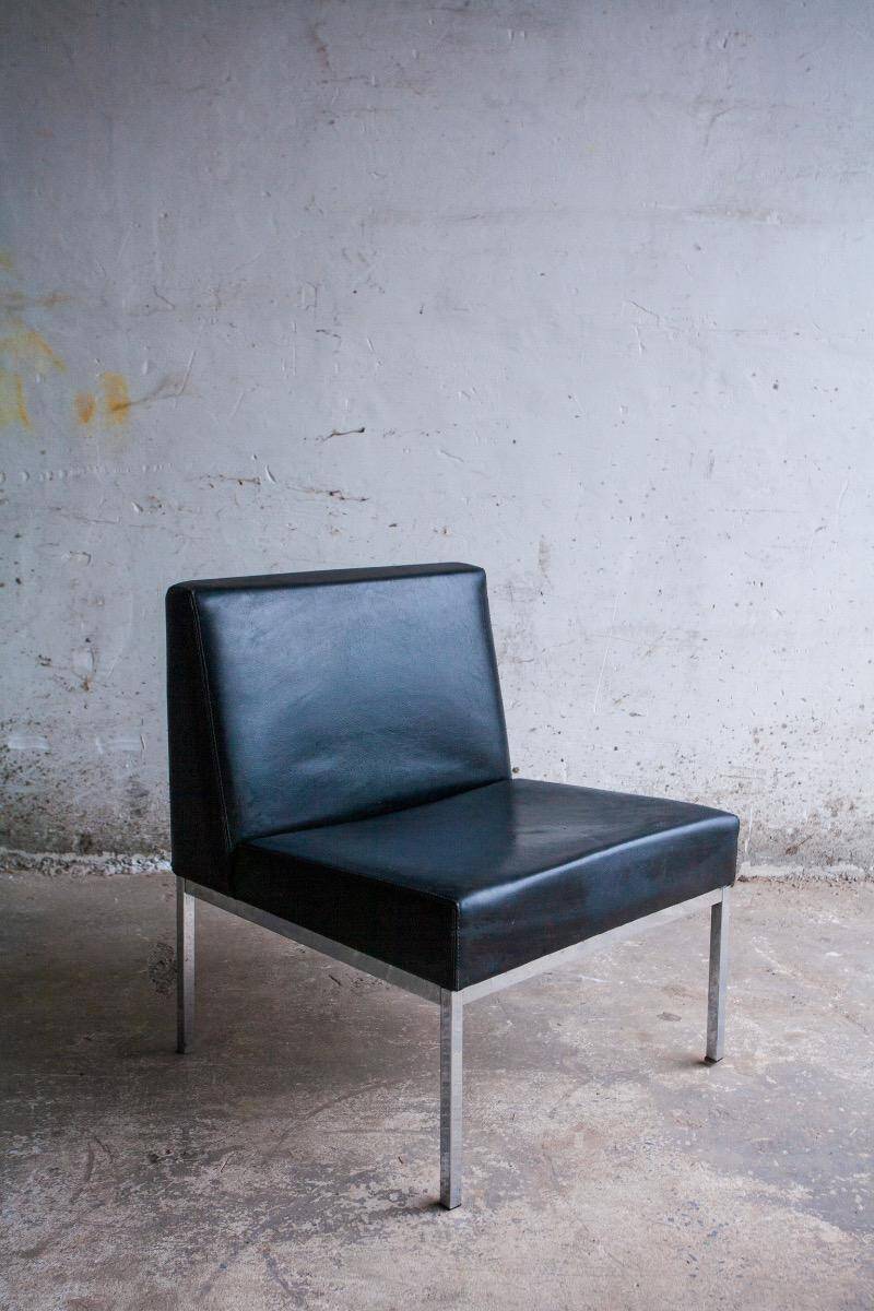 Set of 2 Black Leather Minimalist Lounge Chairs with Brushed Metal Frame