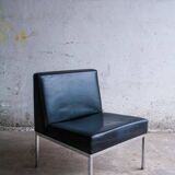 Set of 2 Black Leather Minimalist Lounge Chairs with Brushed Metal Frame
