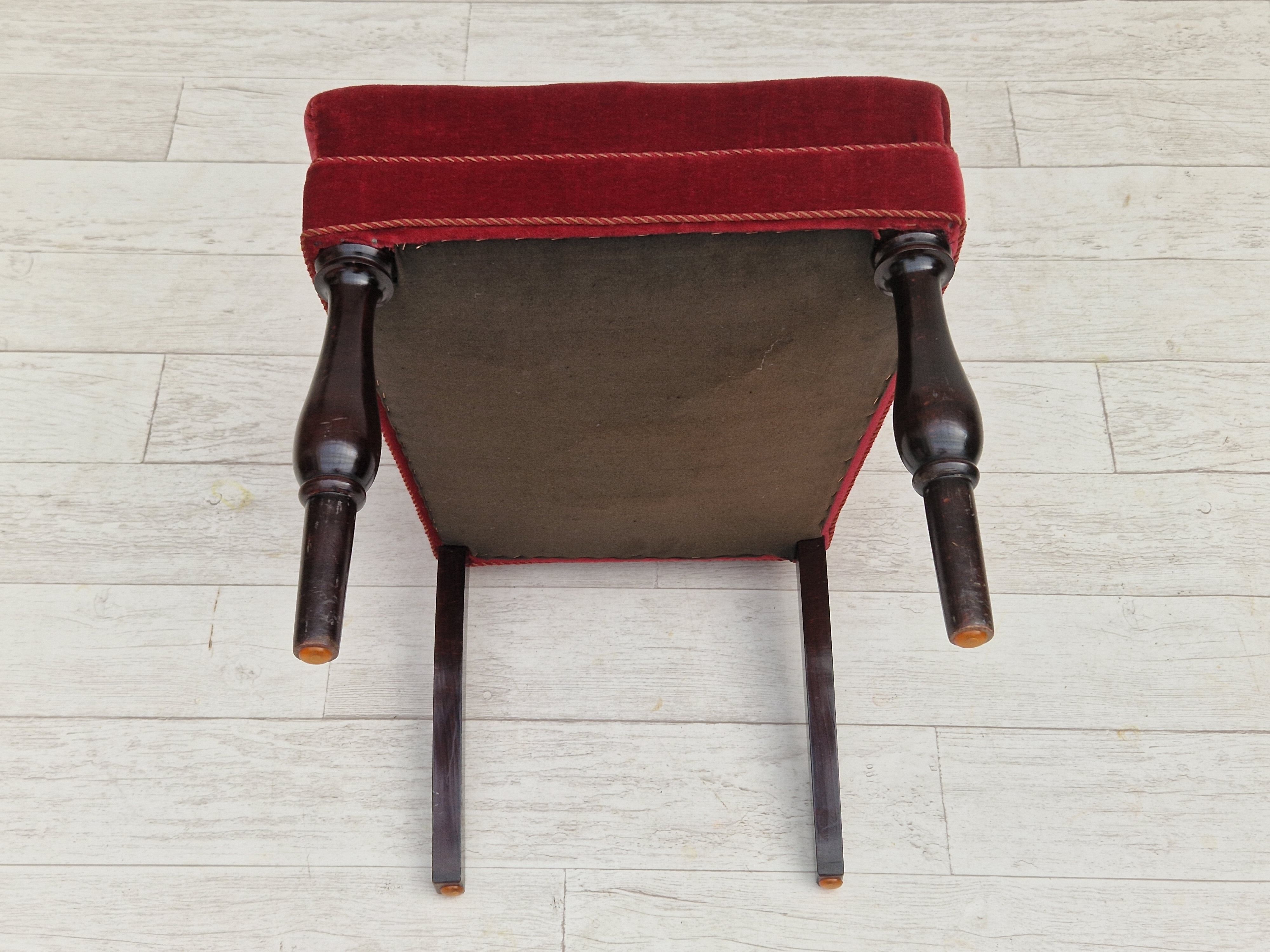 Set of 4 dinning chairs, oak wood, cherry-red velour, 1950s, danish design