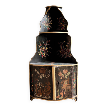 Black lacquered wooden corner cabinet with polychrome decoration, 18th century.