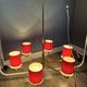 Kaiser Leuchten six-arm brass chandelier, red shades, crystal glass