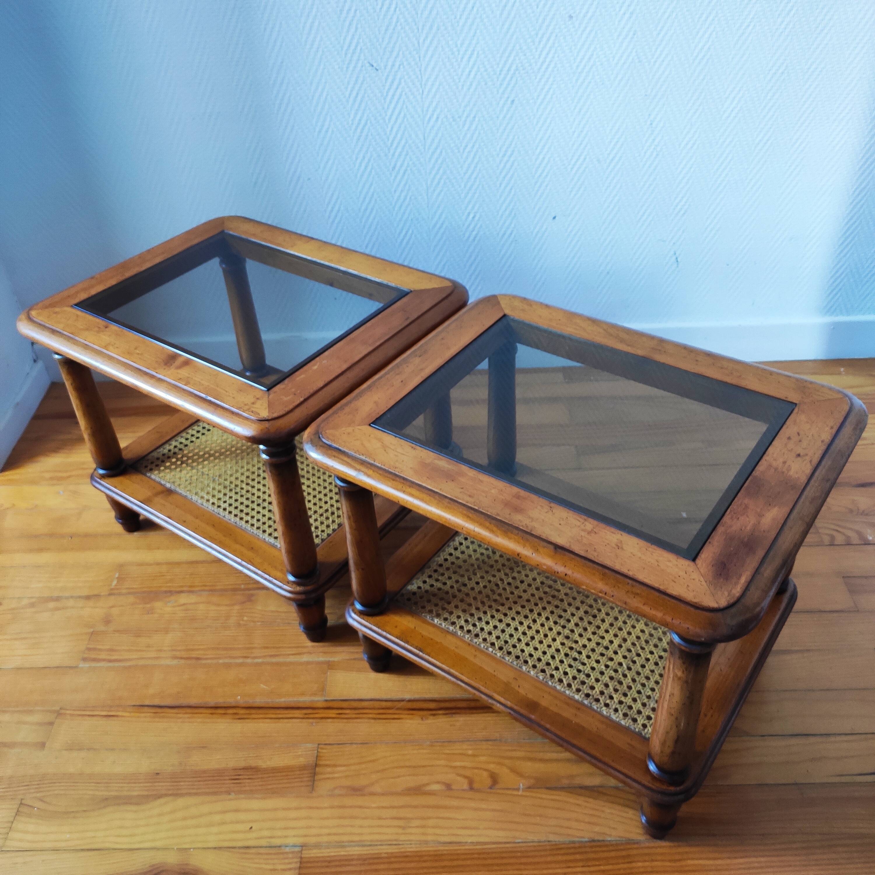 Pair of wooden and cane sofa ends