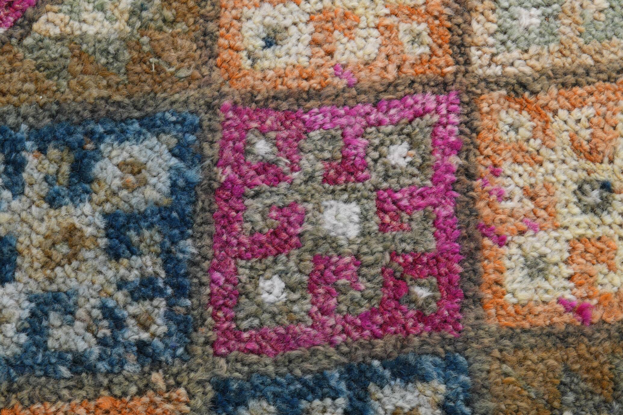 Blue Pink Geometric Oushak Runner Rug, 80x302Cm