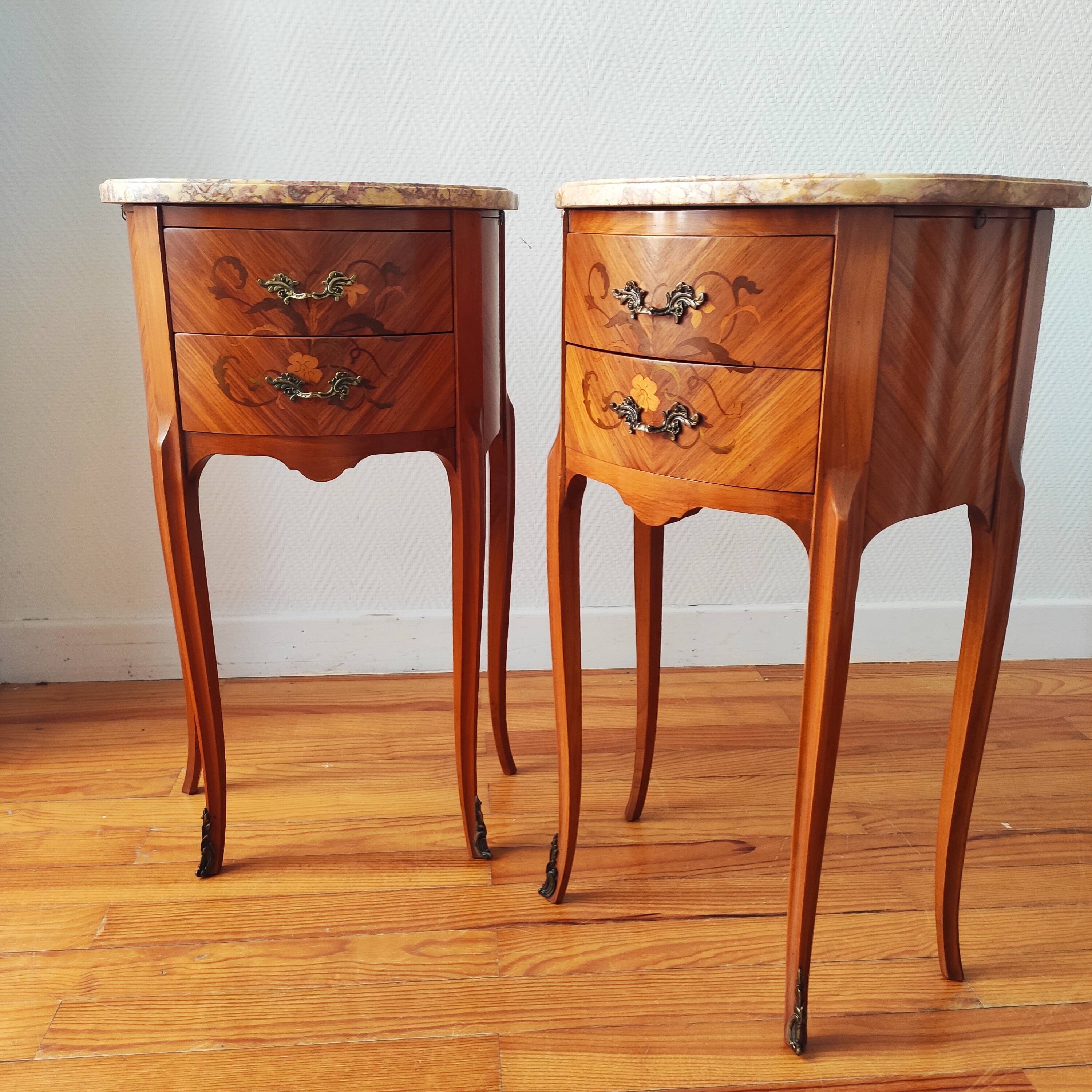 Pair of Louis XV style bedside tables in wood and marble