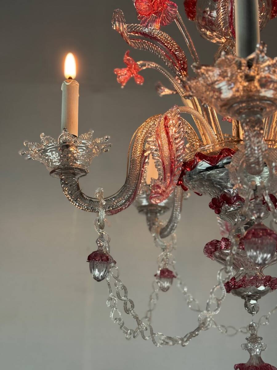 Venetian chandelier in colorless and red Murano glass, 5 light arms