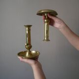 Pair of brass push-button candlestick holders in gold metal, bohemian country decoration