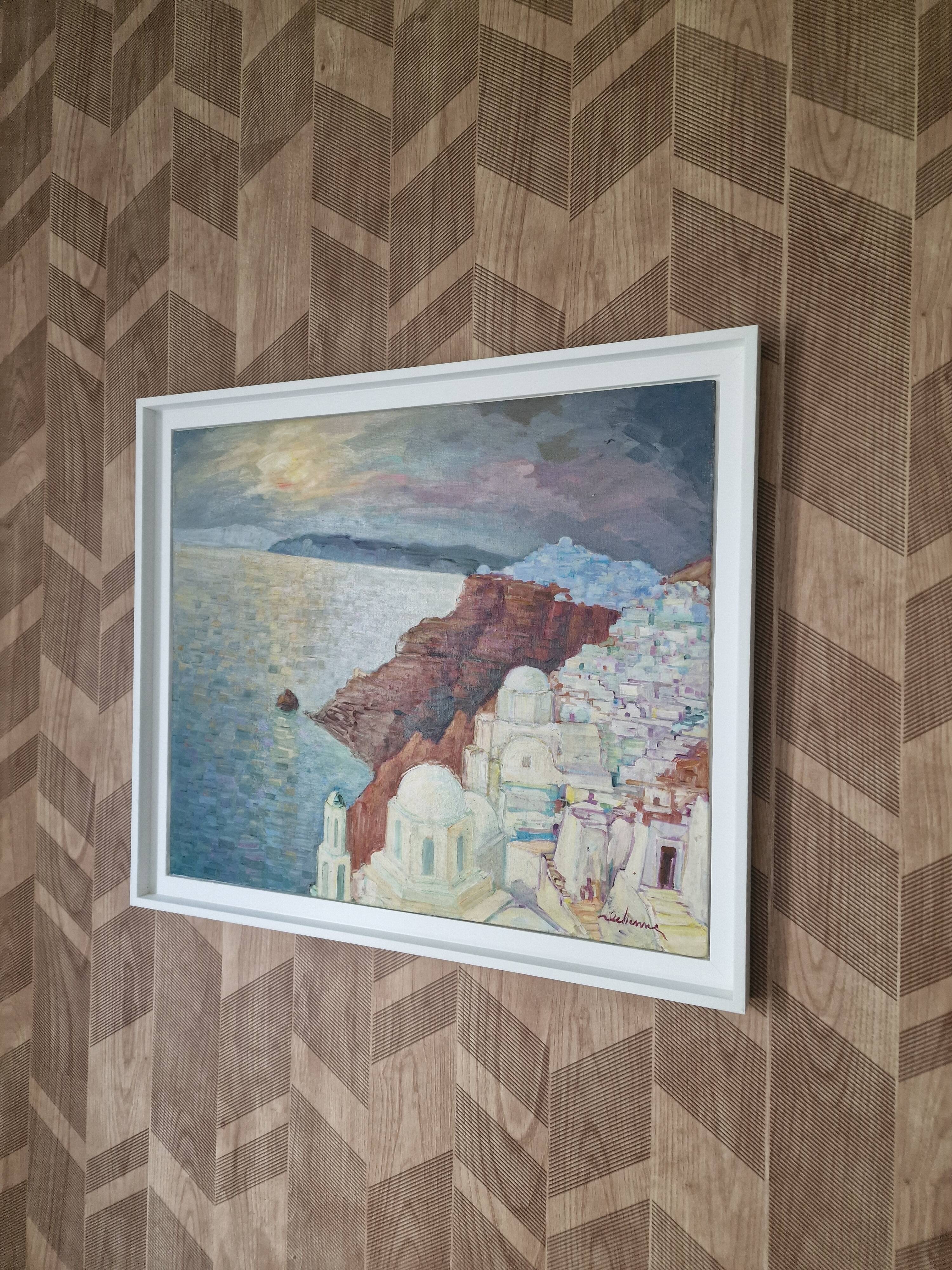 Vintage landscape painting of Greece Santorini island