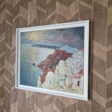 Vintage landscape painting of Greece Santorini island