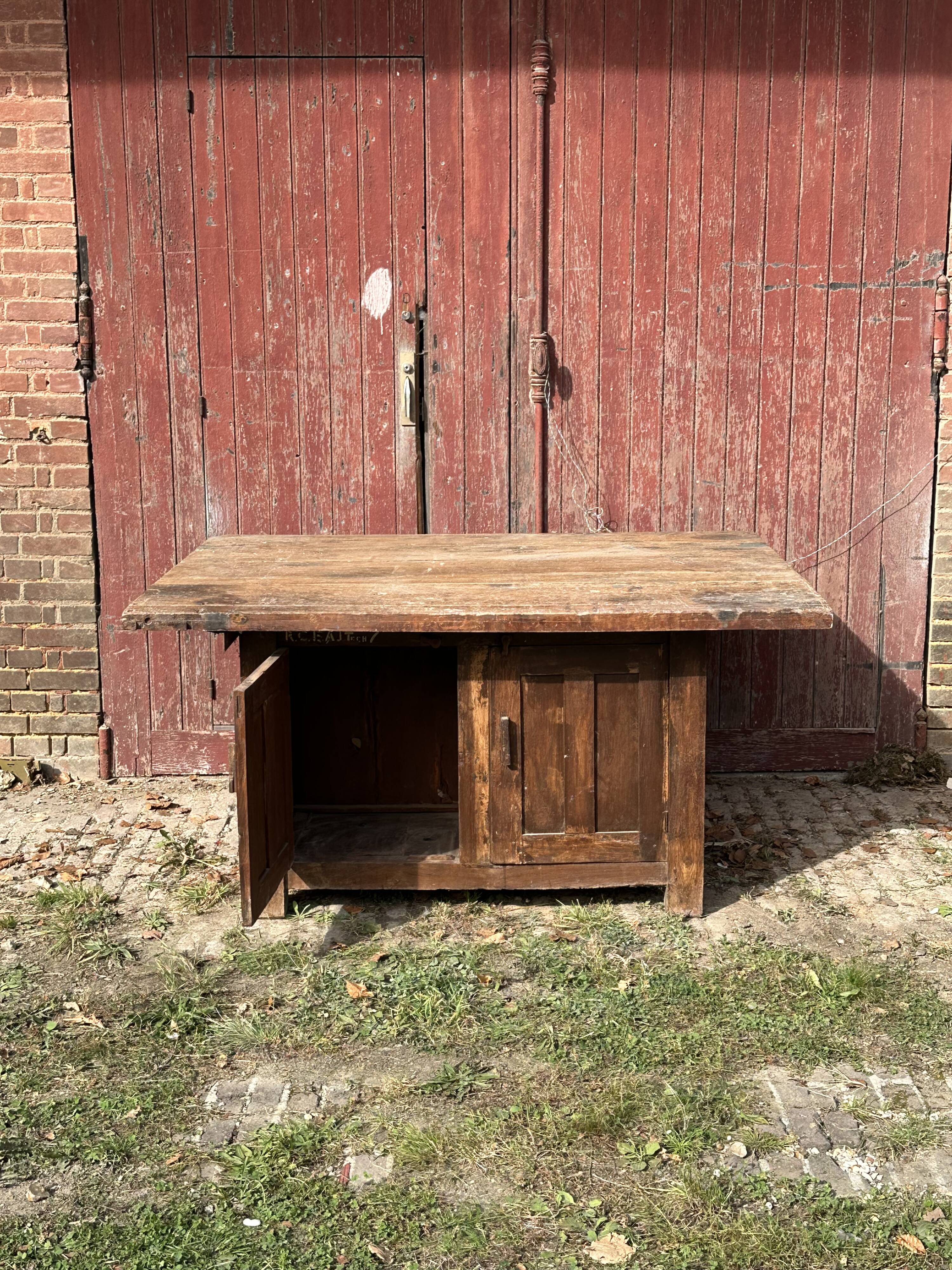 Large solid wood table, storage with 2 doors