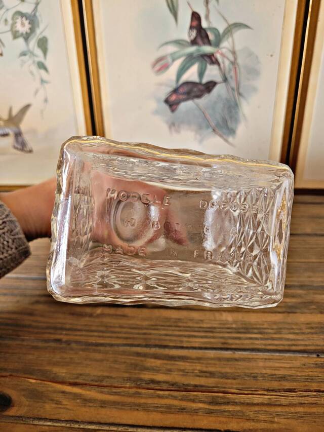 Rectangular whisky carafe made in France with geometric patterns.