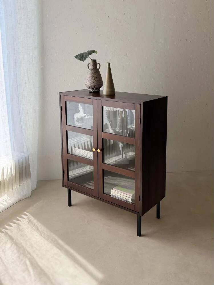 Mid-century display cabinet dark wood glass