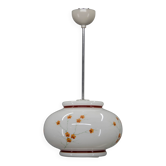1970s Hand-Painted Milk Glass Pendant Light  Mid-Century Vintage