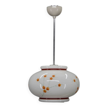 1970s Hand-Painted Milk Glass Pendant Light  Mid-Century Vintage