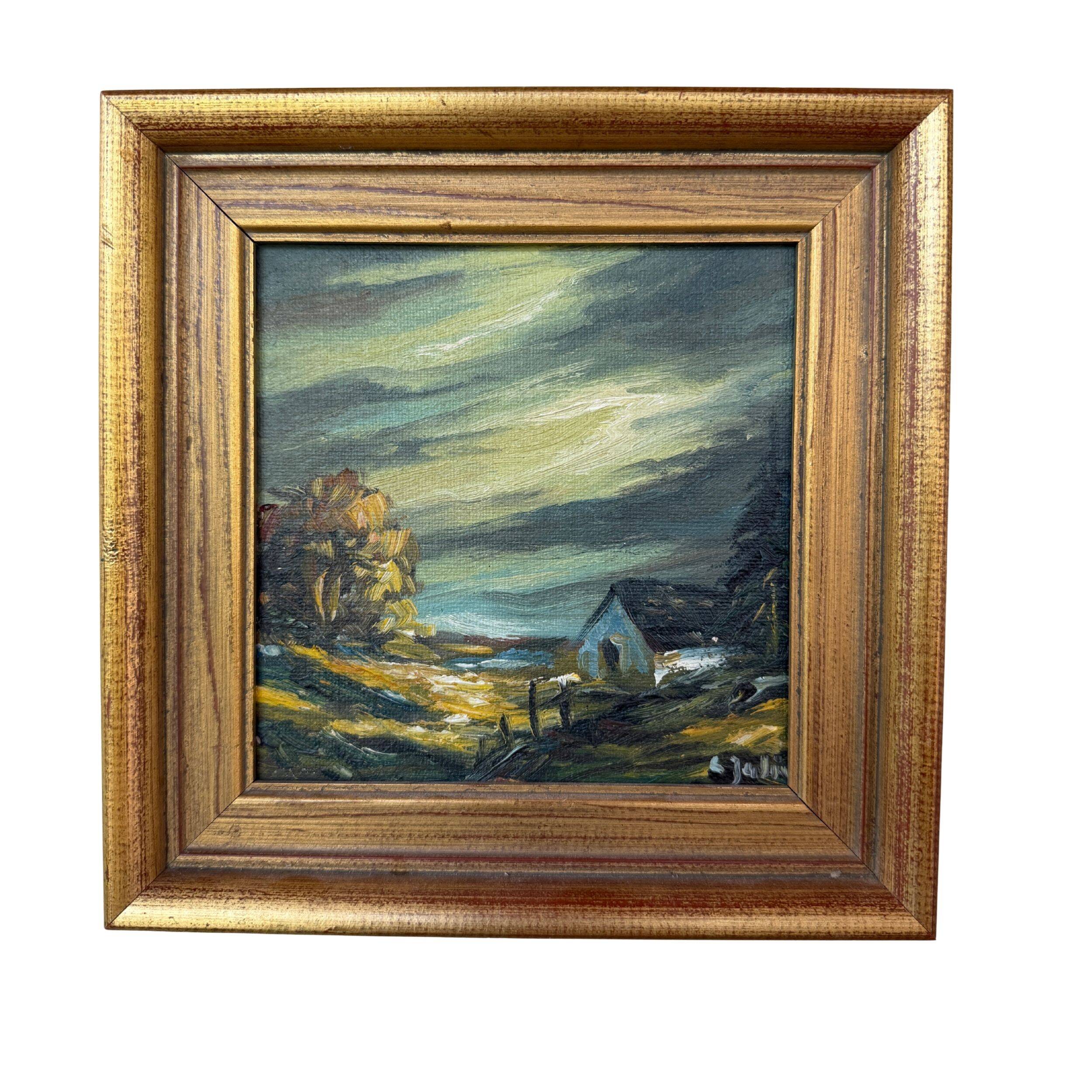 Small vintage painting of a countryside landscape – Oil on canvas – Old house