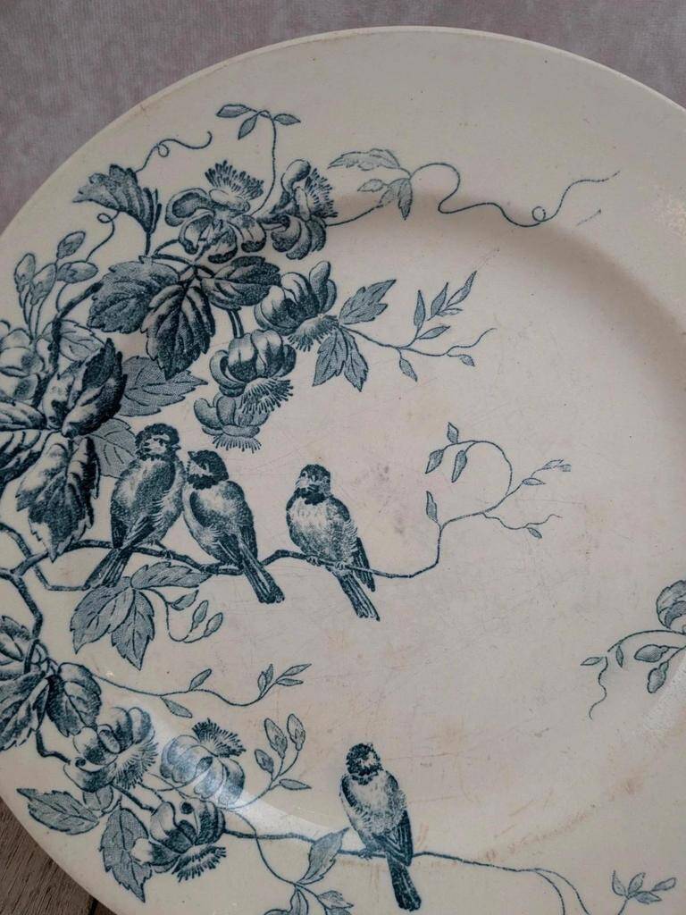 Antique plate Terre de Fer Le Bûcheron Paris – Blue bird decoration