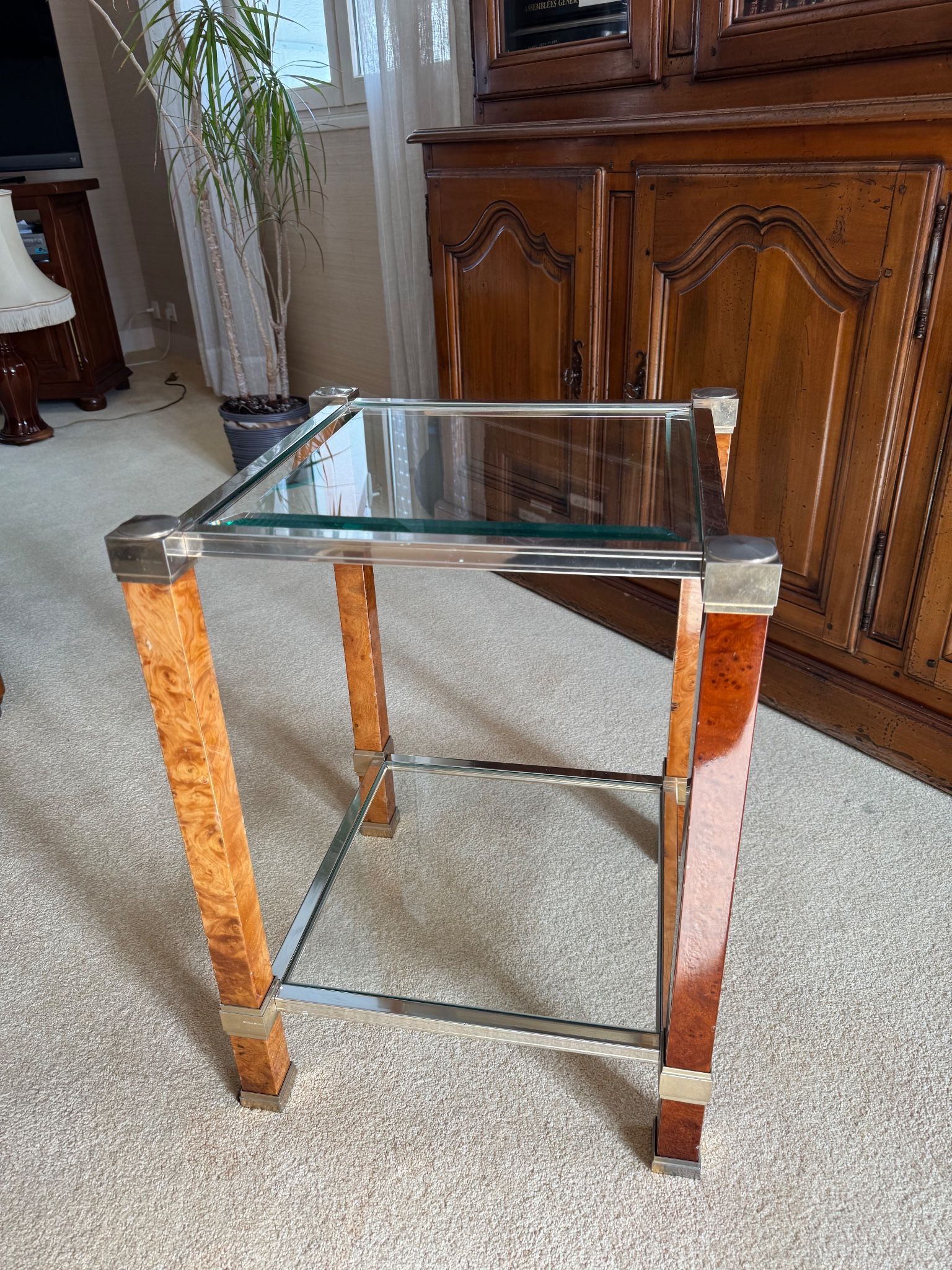 Side table Pierre Vandel Paris, magnifying glass and chrome, engraved brass plate.