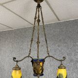 After Muller: Art Nouveau bronze and glass paste chandelier