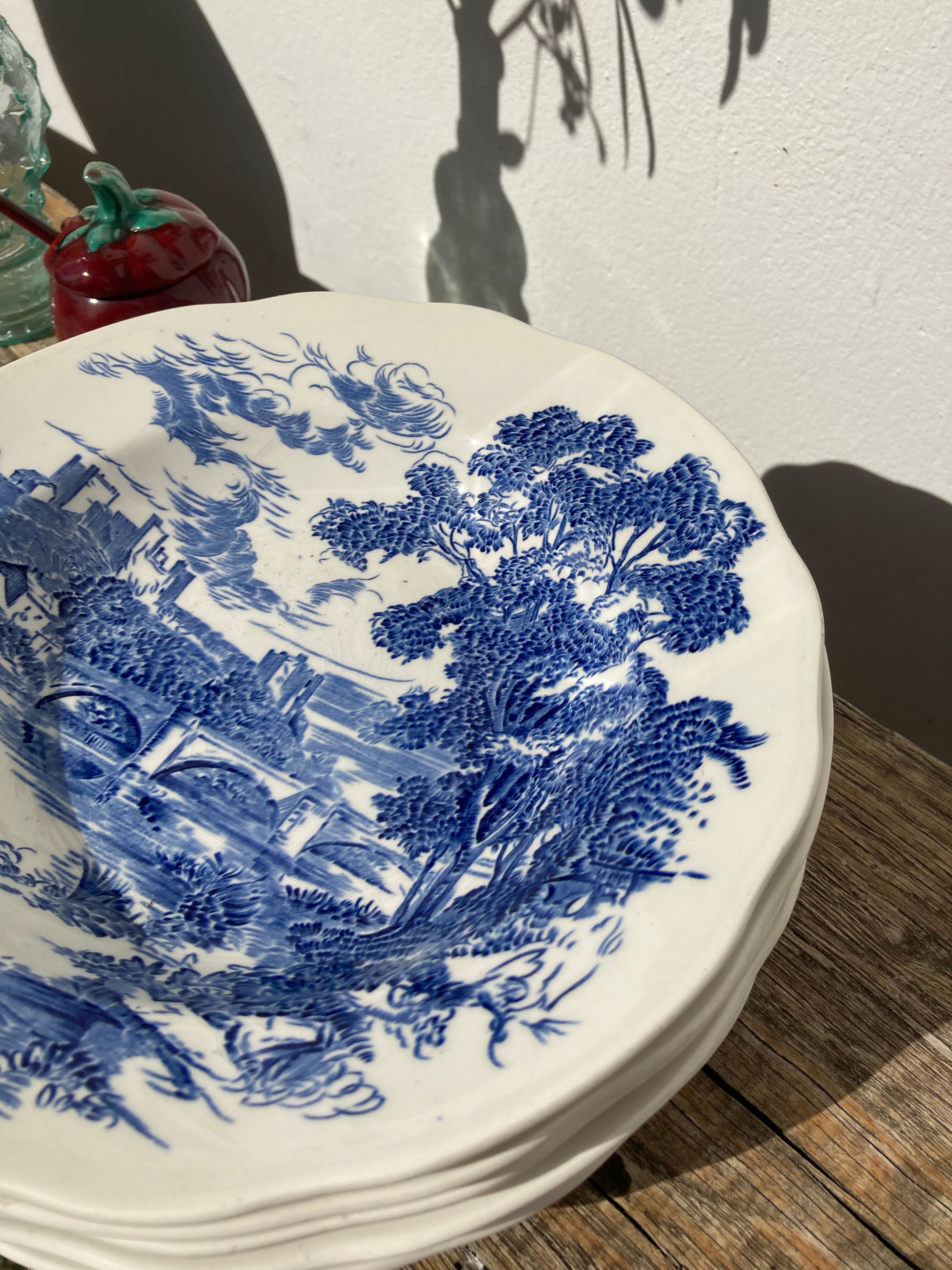 5 hollow plates / earthenware soup Gien Enoch Wedgwood style blue iron earth - vintage model