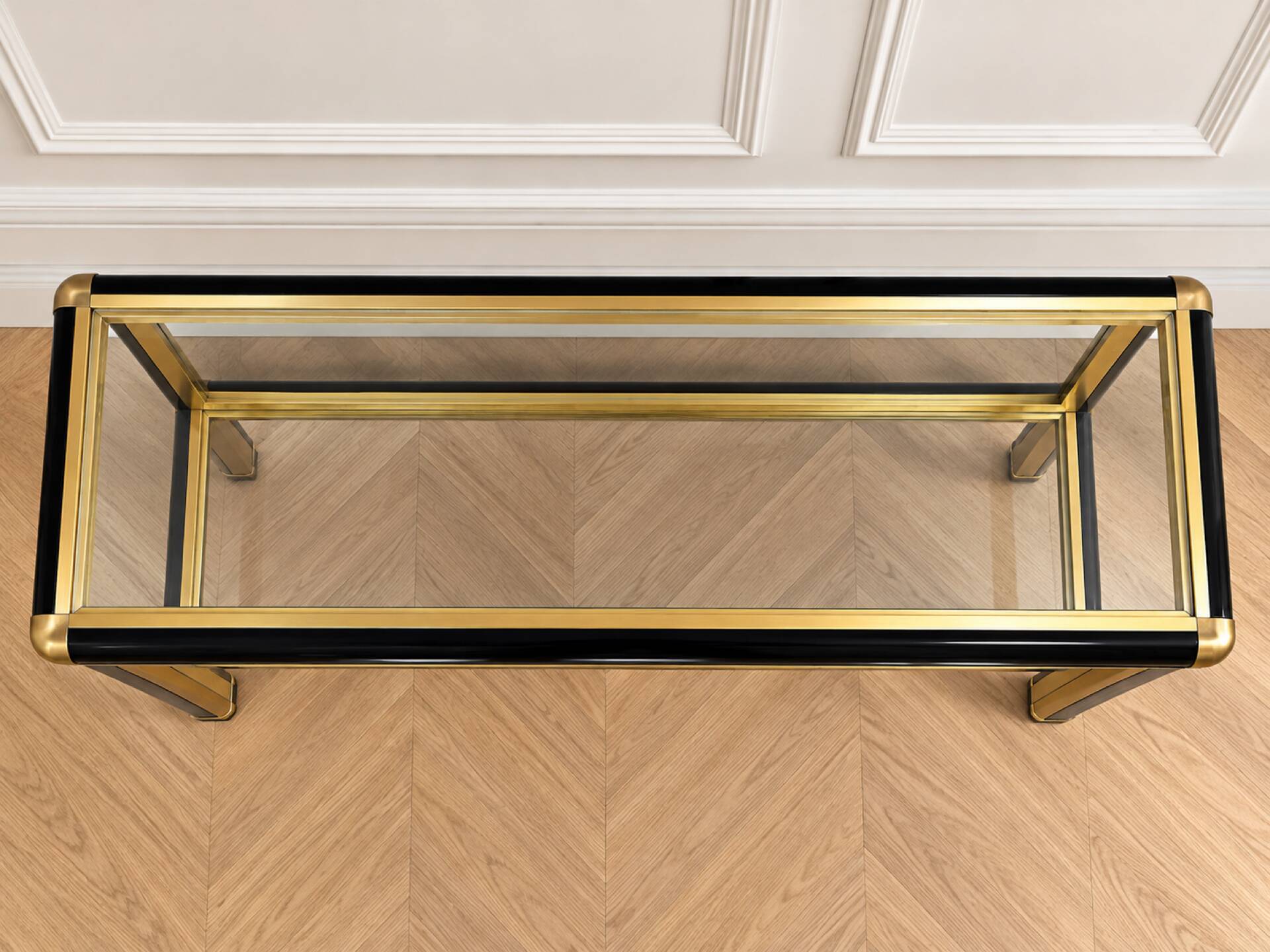 Vintage black and gold console with two glass shelves – 70s/80s