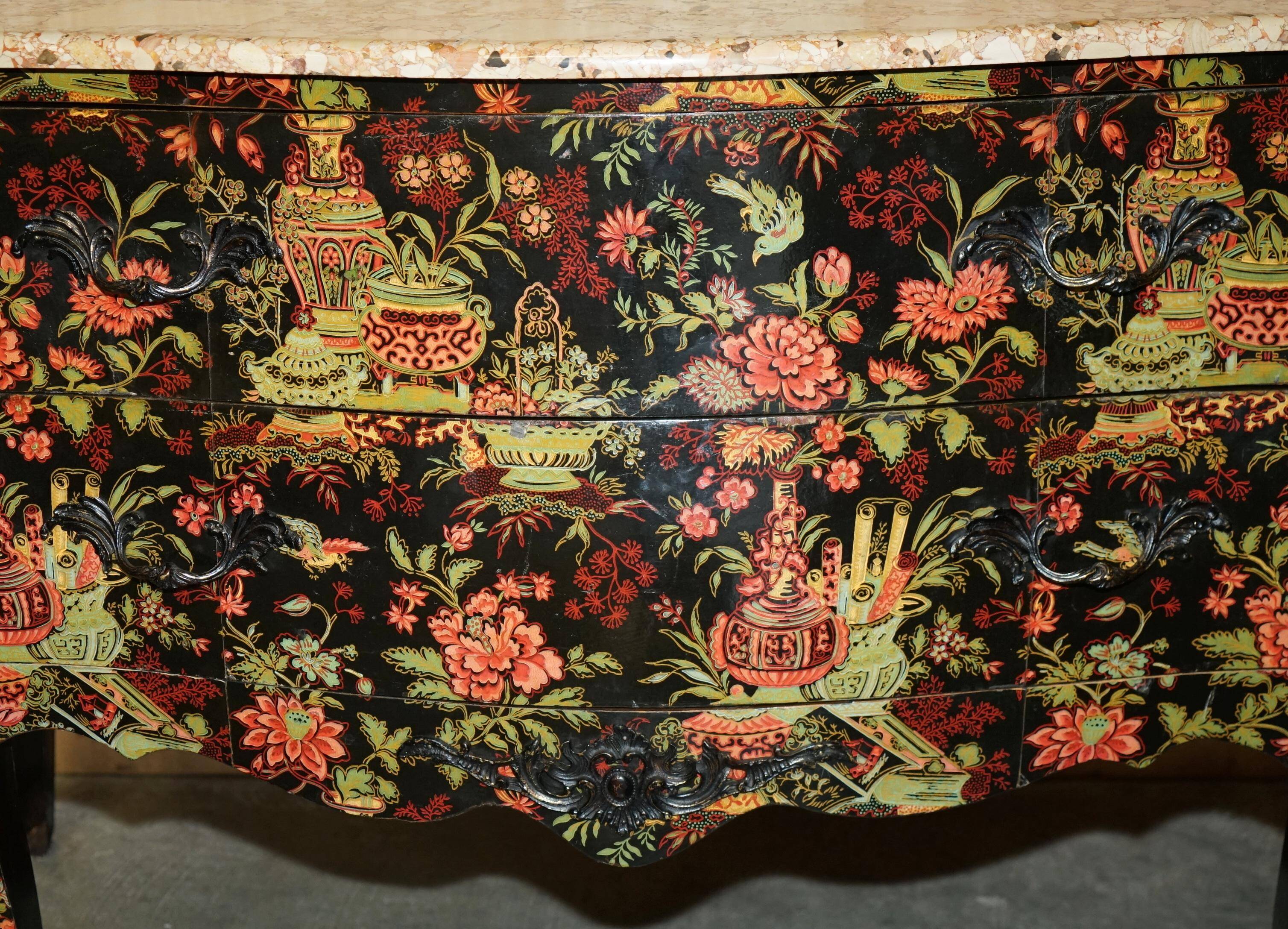 Antique Chinoiserie Commode Hand-Painted with Marble Top