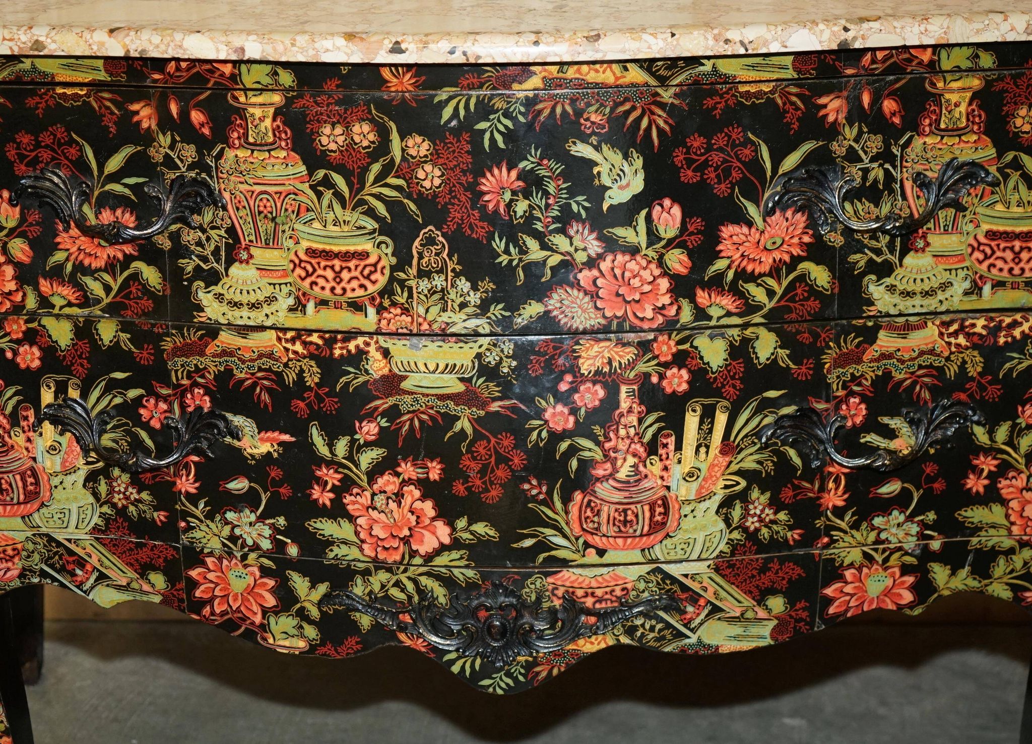 Antique Chinoiserie Commode Hand-Painted with Marble Top