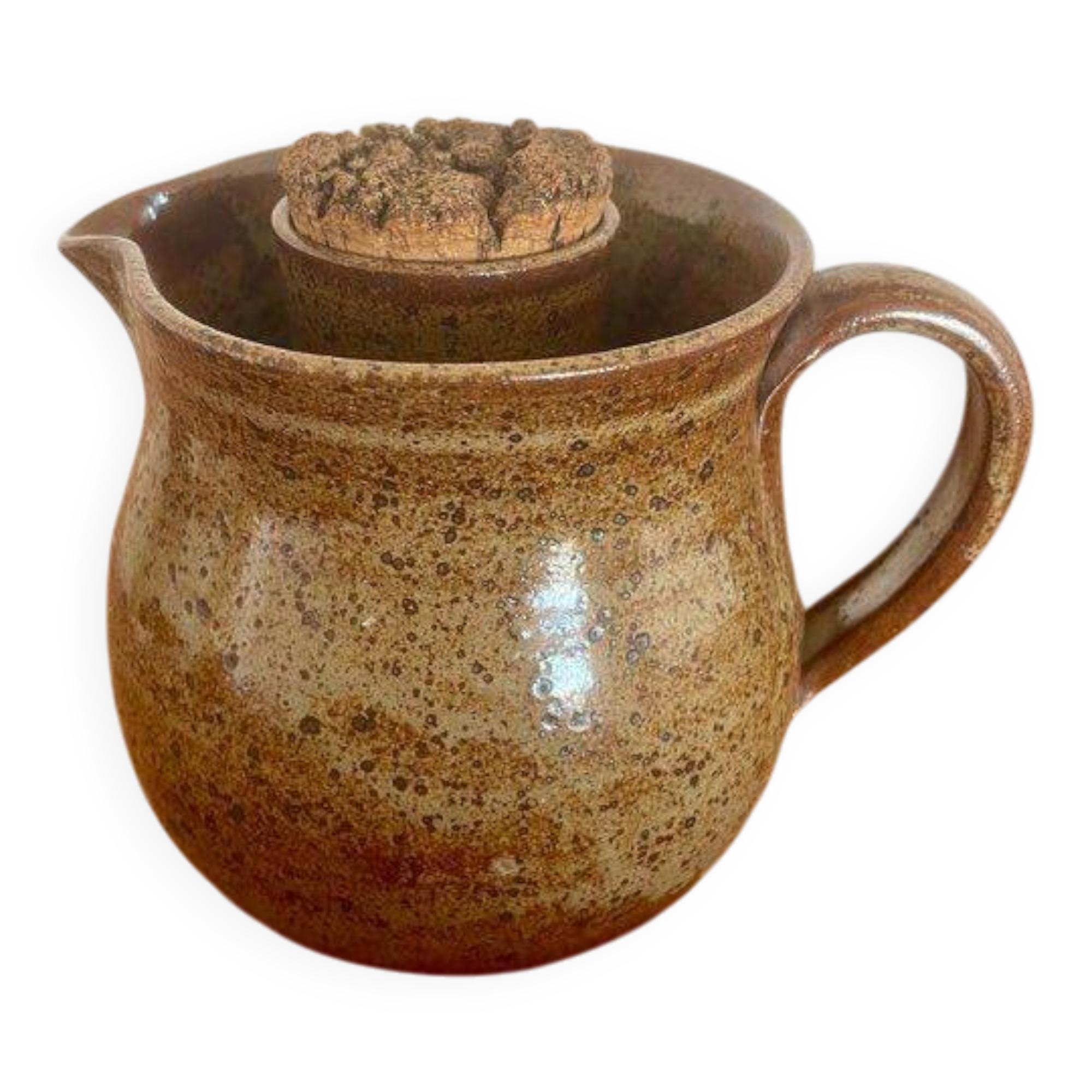 Large antique brown glazed stoneware jug with cork stopper.