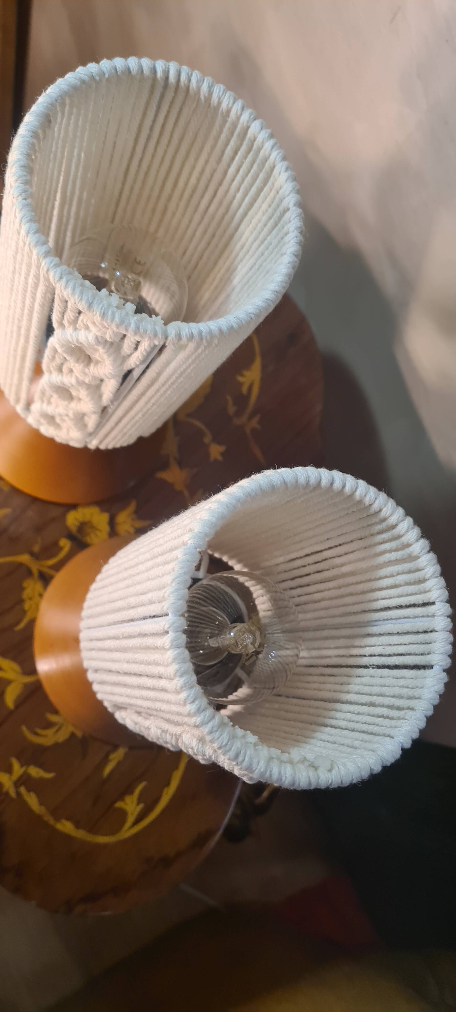 pair of Scandinavian conical wooden lamps with braided cord lampshade 28x12