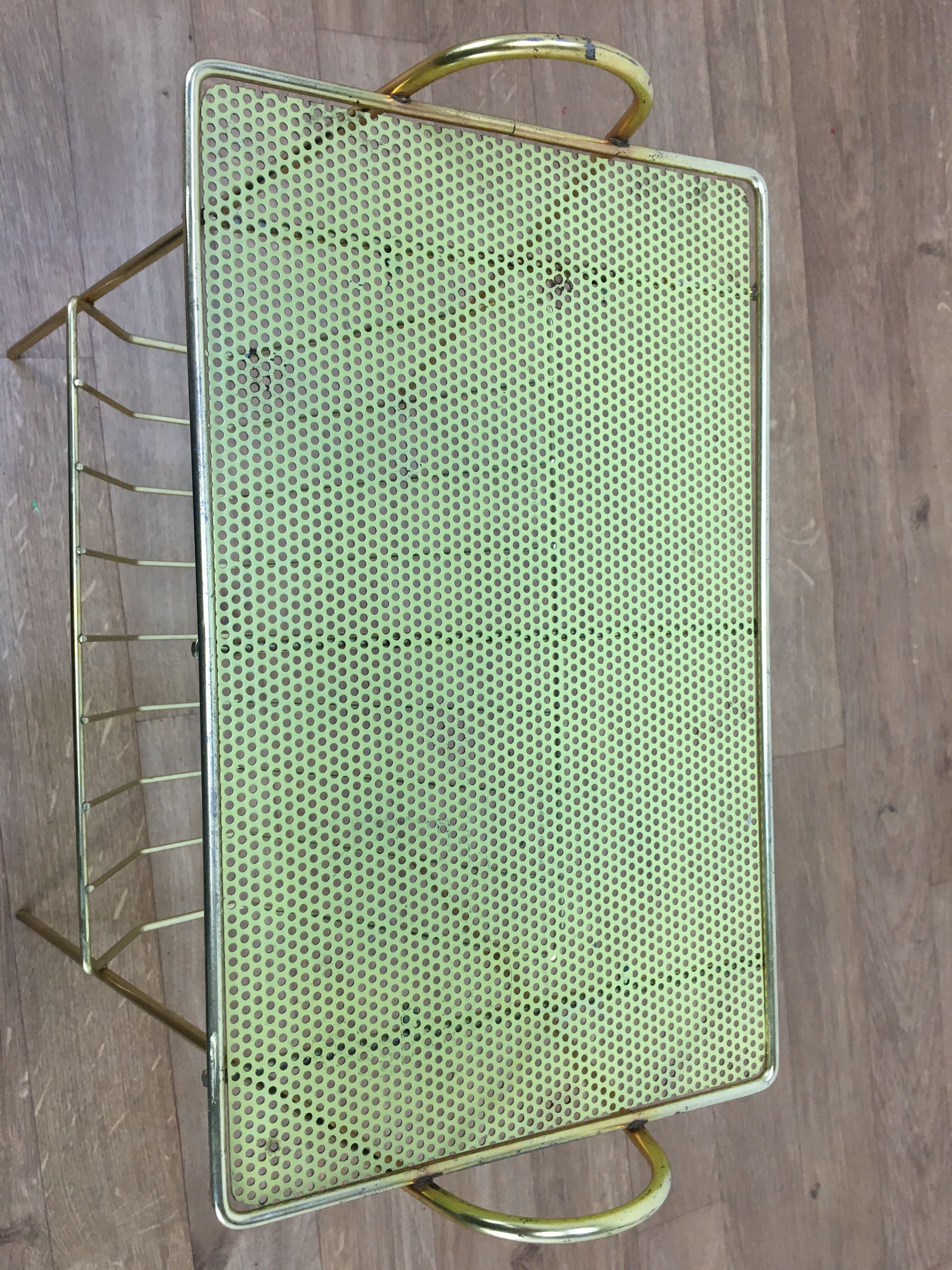 Vinyl magazine holder side table, perforated sheet metal, 50s