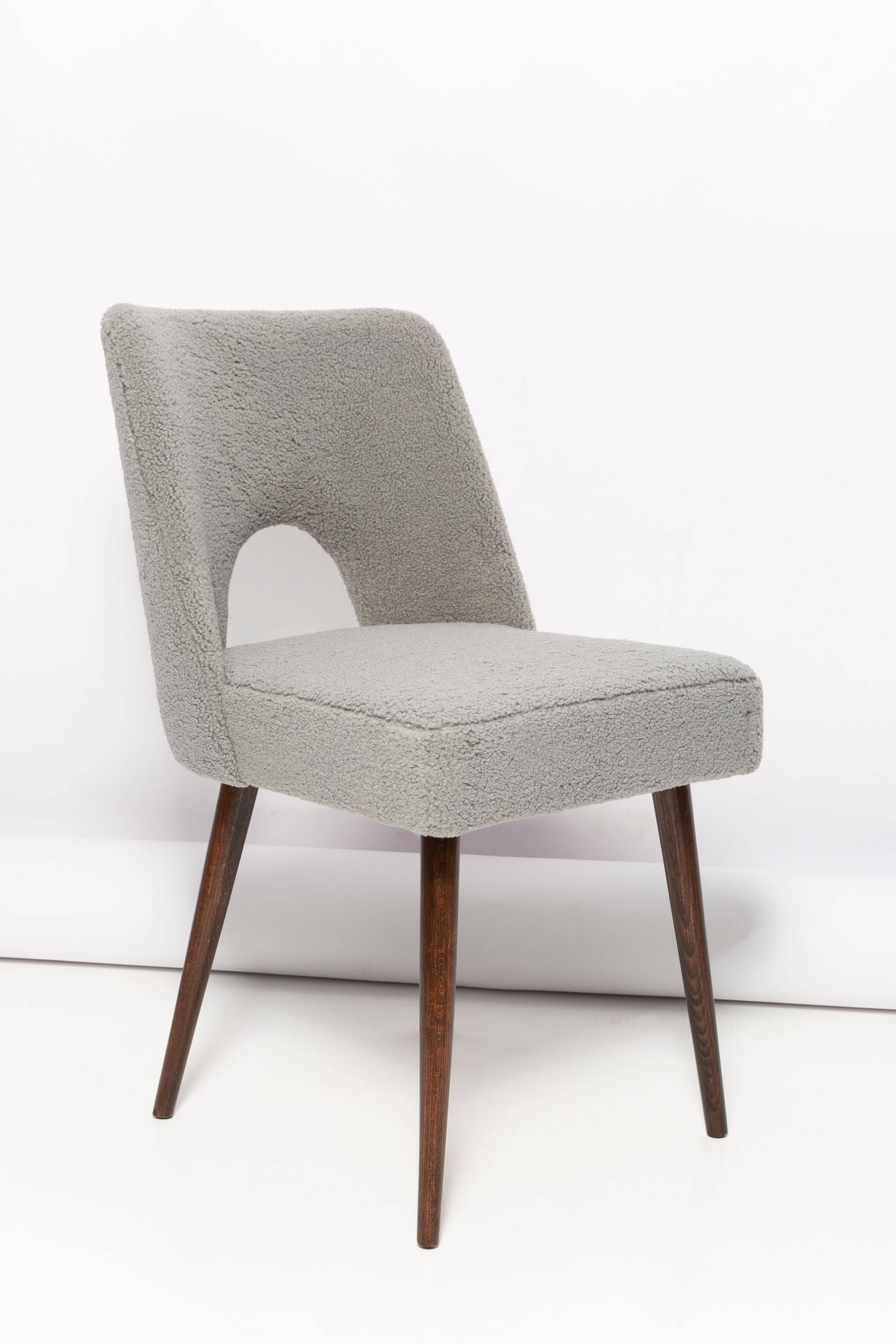 Grey boucle shell chair, dark beech wood, Poland, 1960s.
