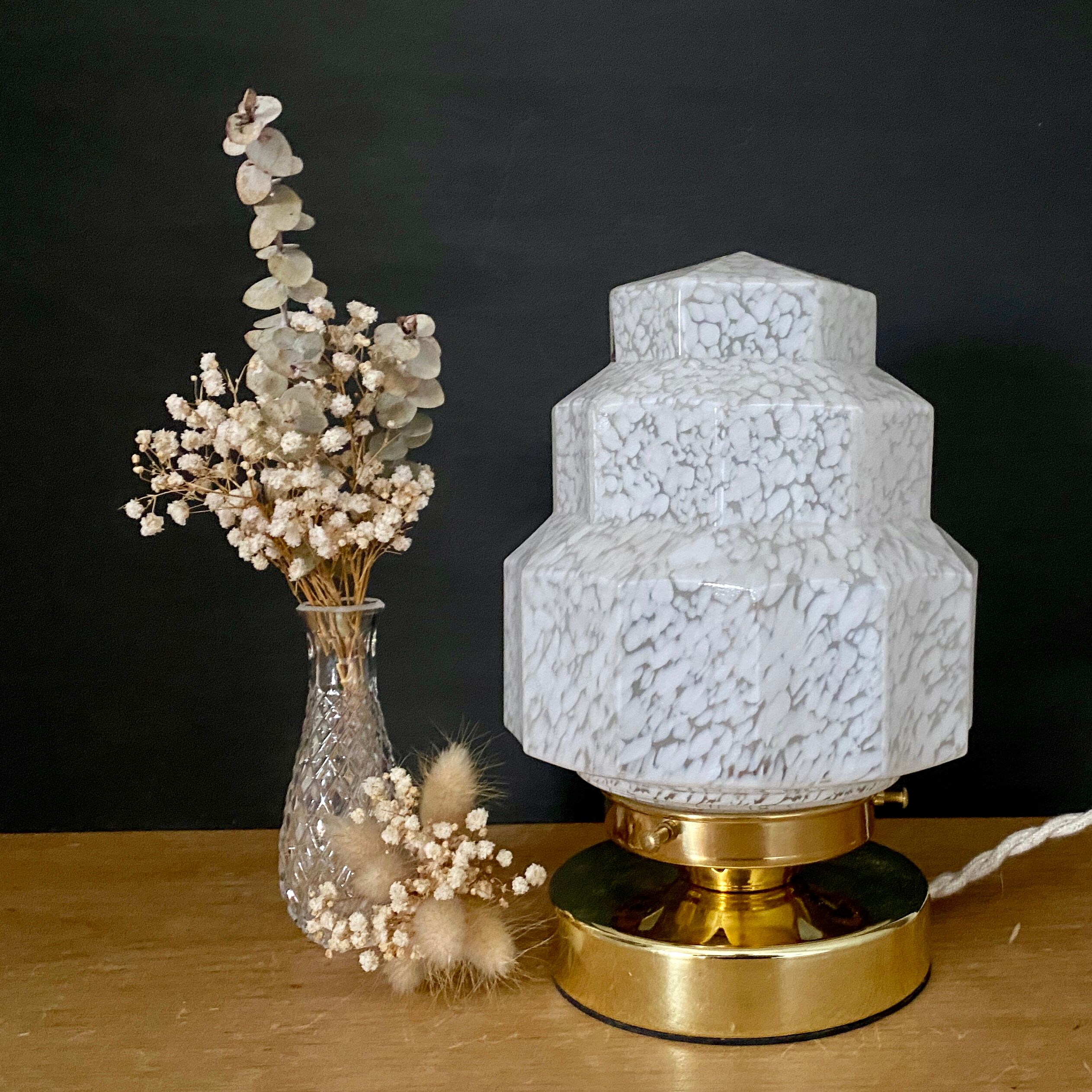 Table lamp vintage globe art deco glass of Clichy white