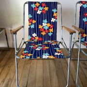 Pair of vintage camping chairs floral and wood fabrics 70s