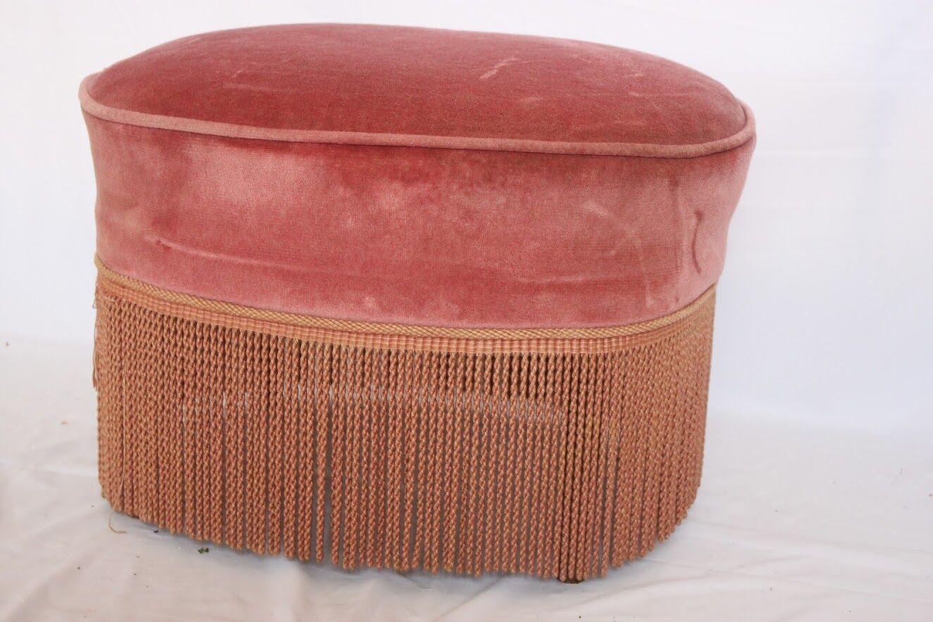 Ottoman, pink velvet footrest with napoleon fringe