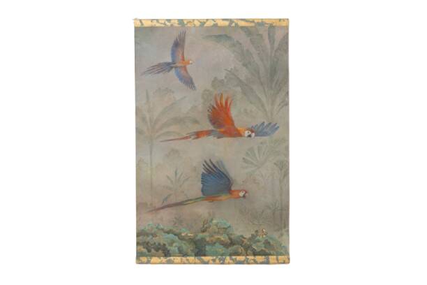 Painted canvas featuring three parrots in a tropical forest. Contemporary.