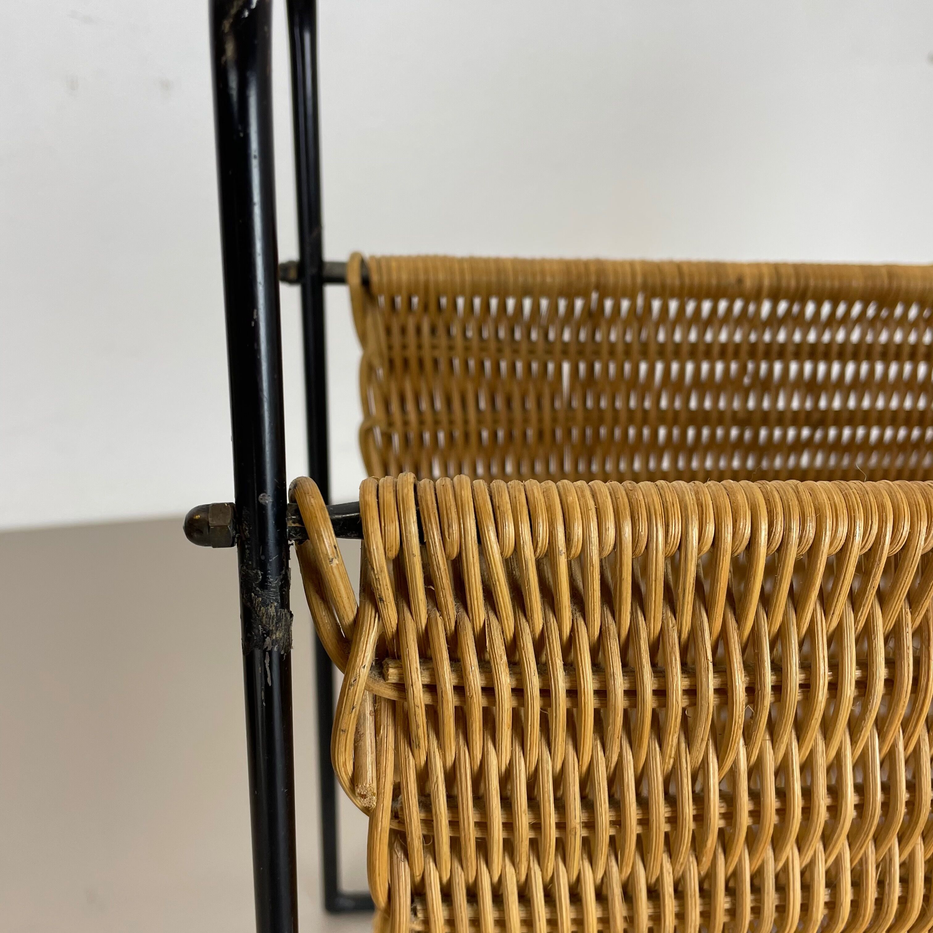 Aubock Style Mid-Century Rattan Bauhaus Magazine Holder, France, 1950s