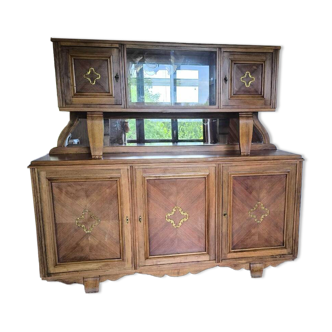 Vintage 1958 walnut 2-part sideboard with 5 mirrored doors and display case