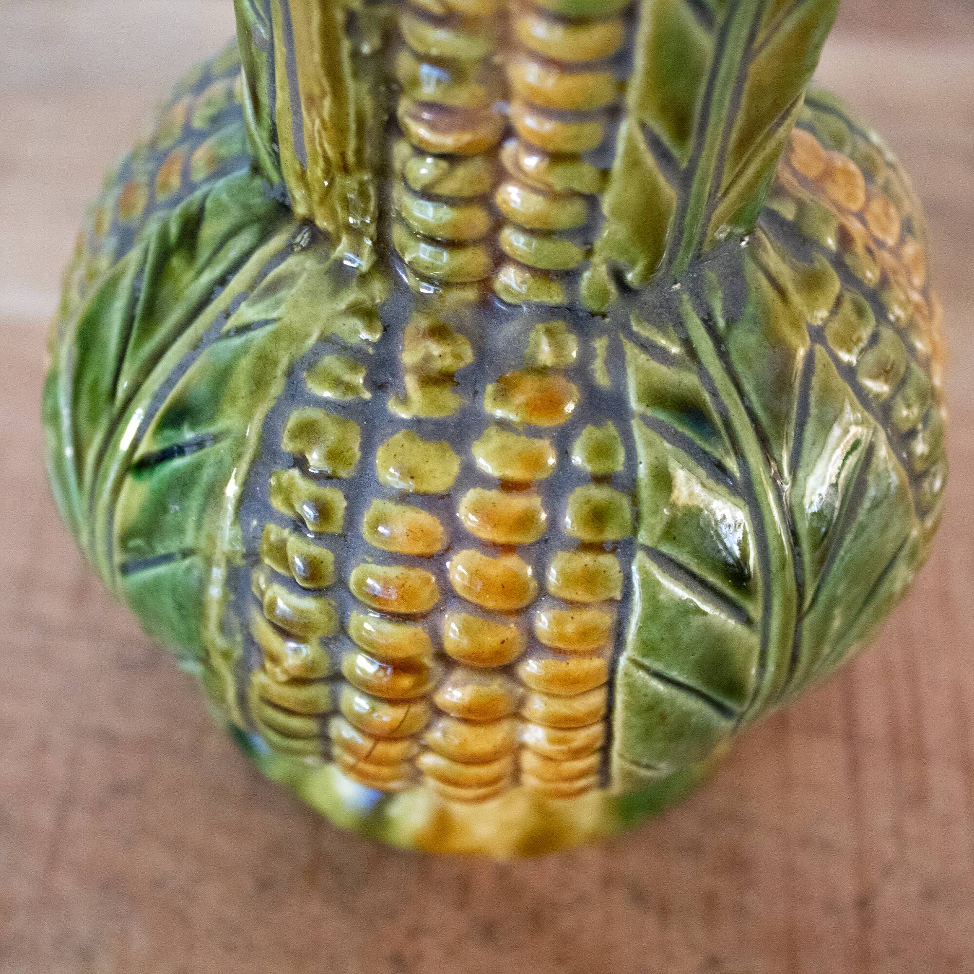 Vintage French Majolica Style Ceramic Corn Vase: 1950s Barbotine Pottery