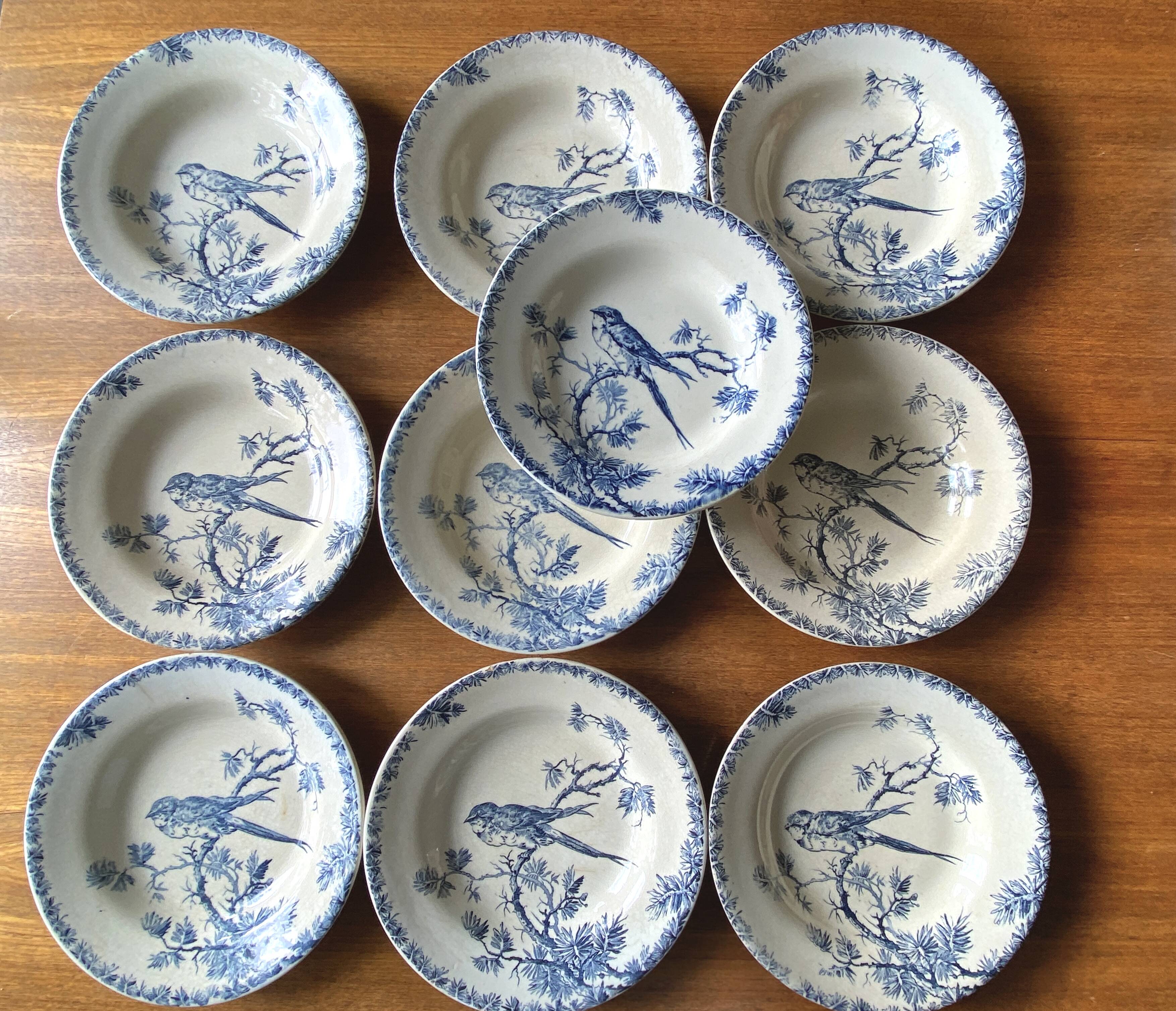 Set of 10 Gien Terre de Fer earthenware soup plates, Bird pattern, Proven