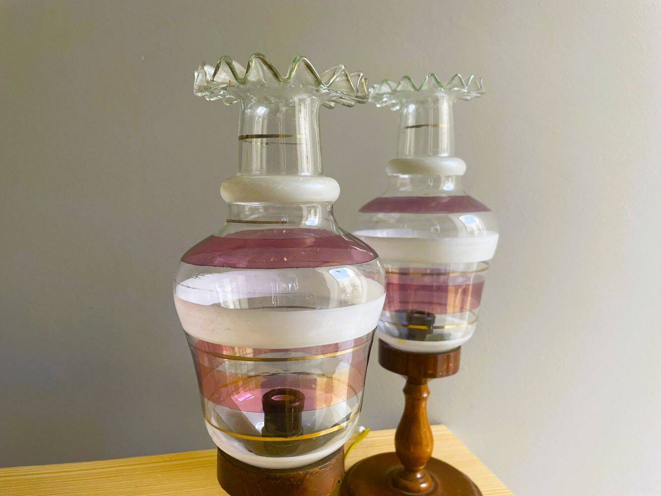 Portuguese Farmhouse rustic wooden table lamps with torch glass shades, 1970s, Set of 2