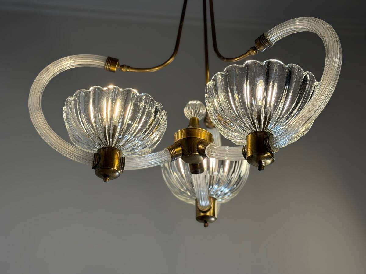 Lustre vénitien en verre de Murano et laiton , vers 1950