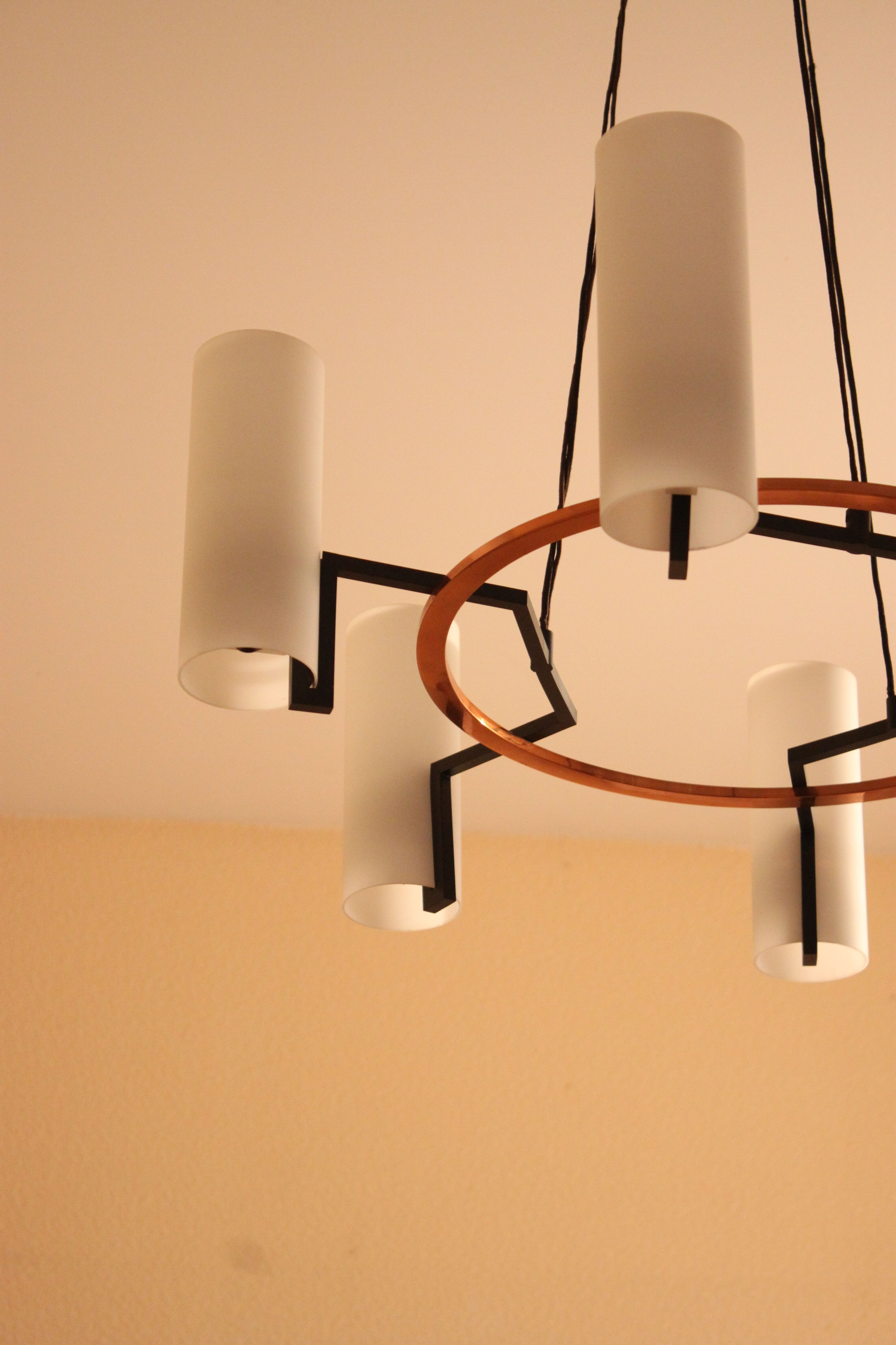 Modernist chandelier of the 60s, copper and opaline, cathedral