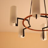 Modernist chandelier of the 60s, copper and opaline, cathedral