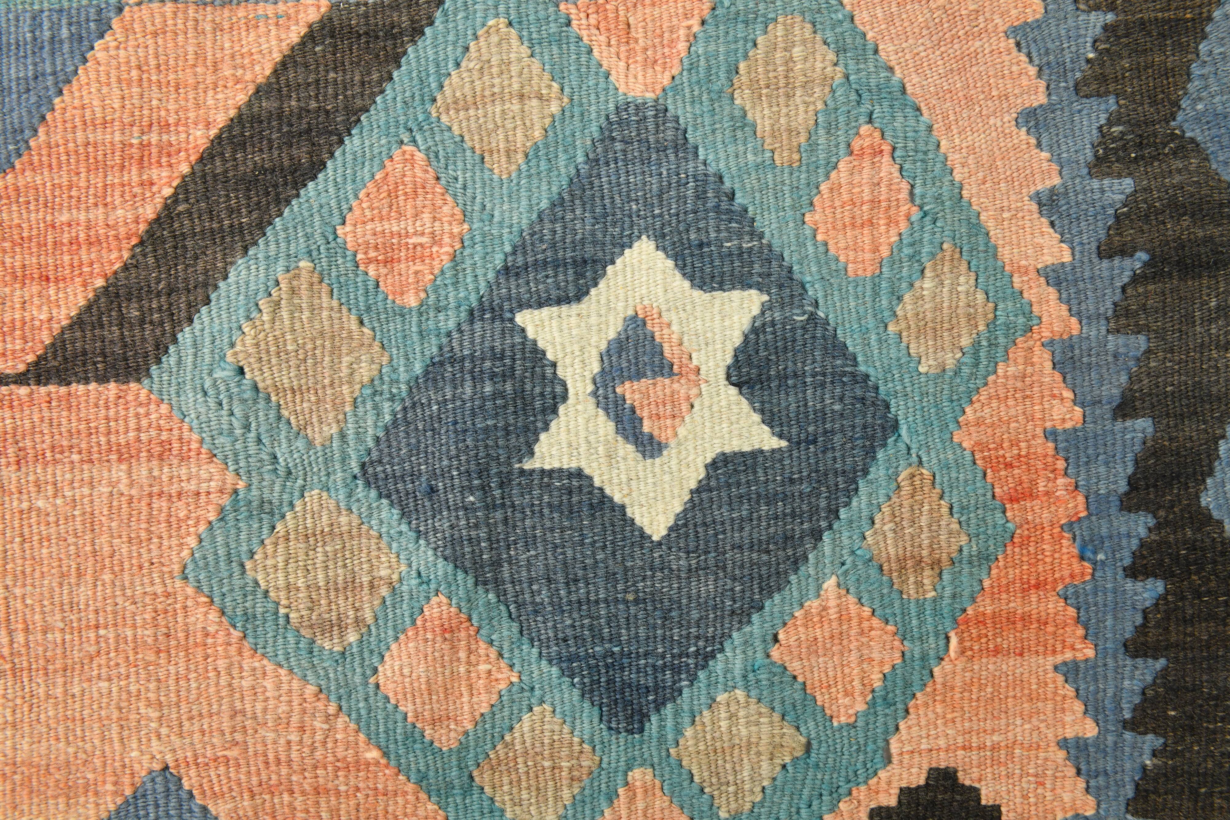 Faded Blue & Soft Peach Long Wide Handmade Kilim Rug, 168x296 Cm