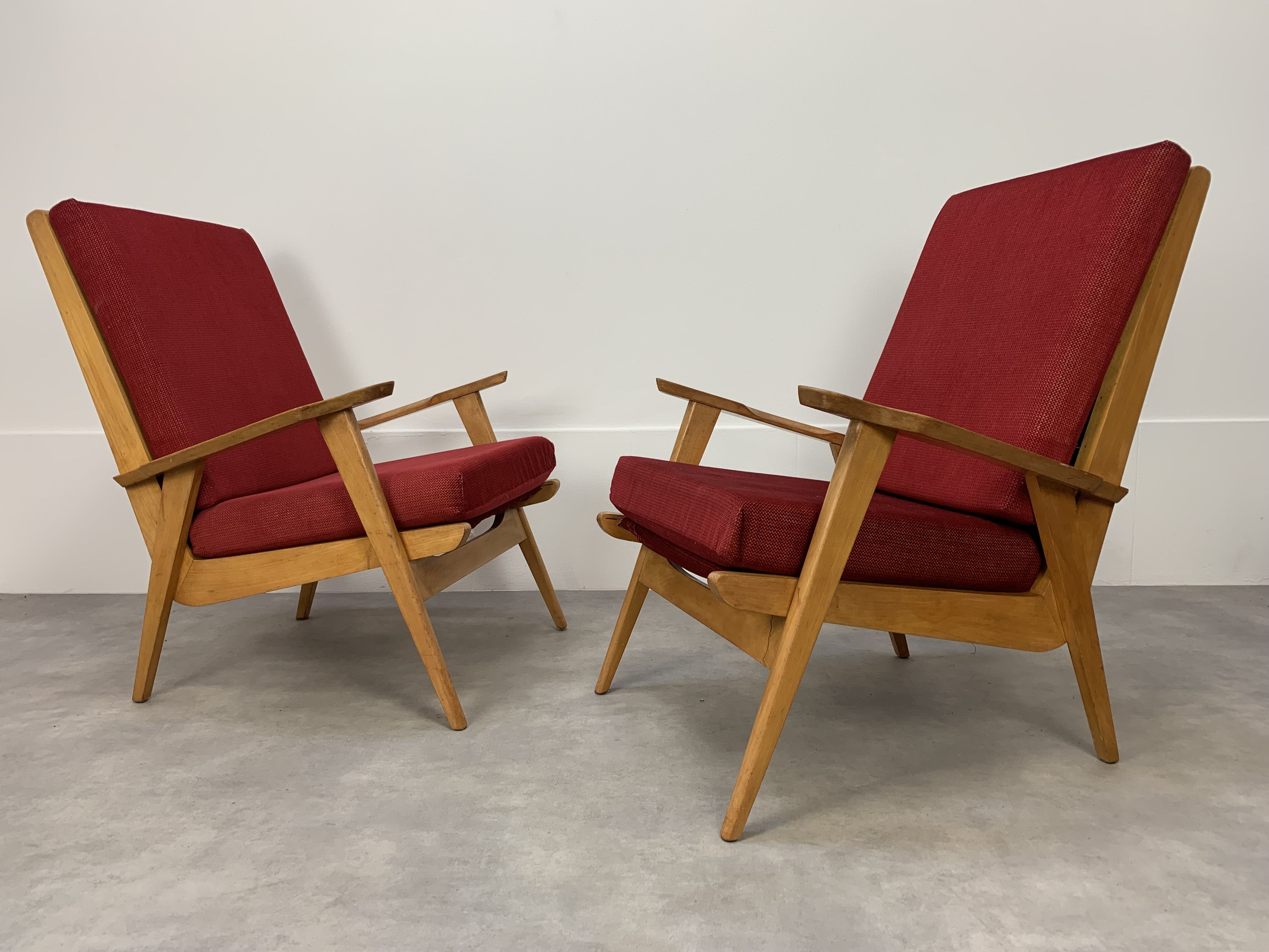 Pair of 50s vintage boomerang armchairs velvet and wood