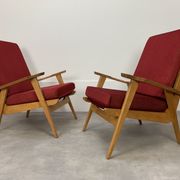 Pair of 50s vintage boomerang armchairs velvet and wood