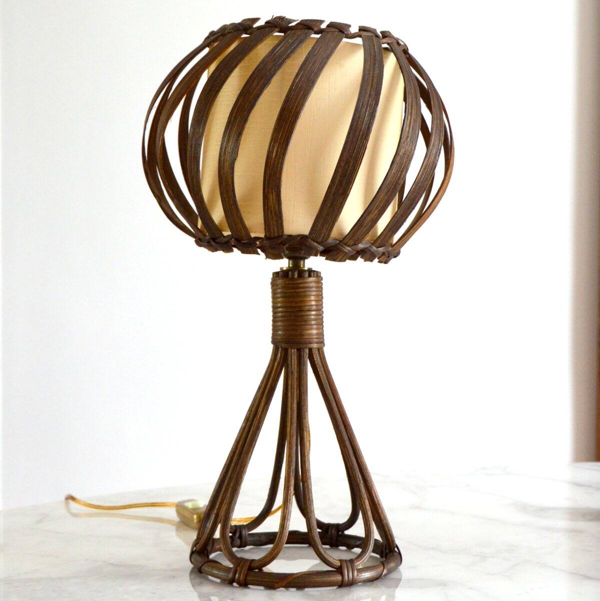 Louis Sognot bedside lamp in vintage rattan 1950
