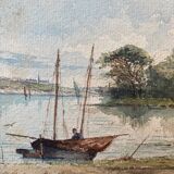 Watercolor "Animated marine with boat" signed A. Descormiers XIX° Brittany