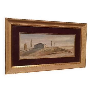 Oil painting on panel, Tuscan countryside landscape, signed
