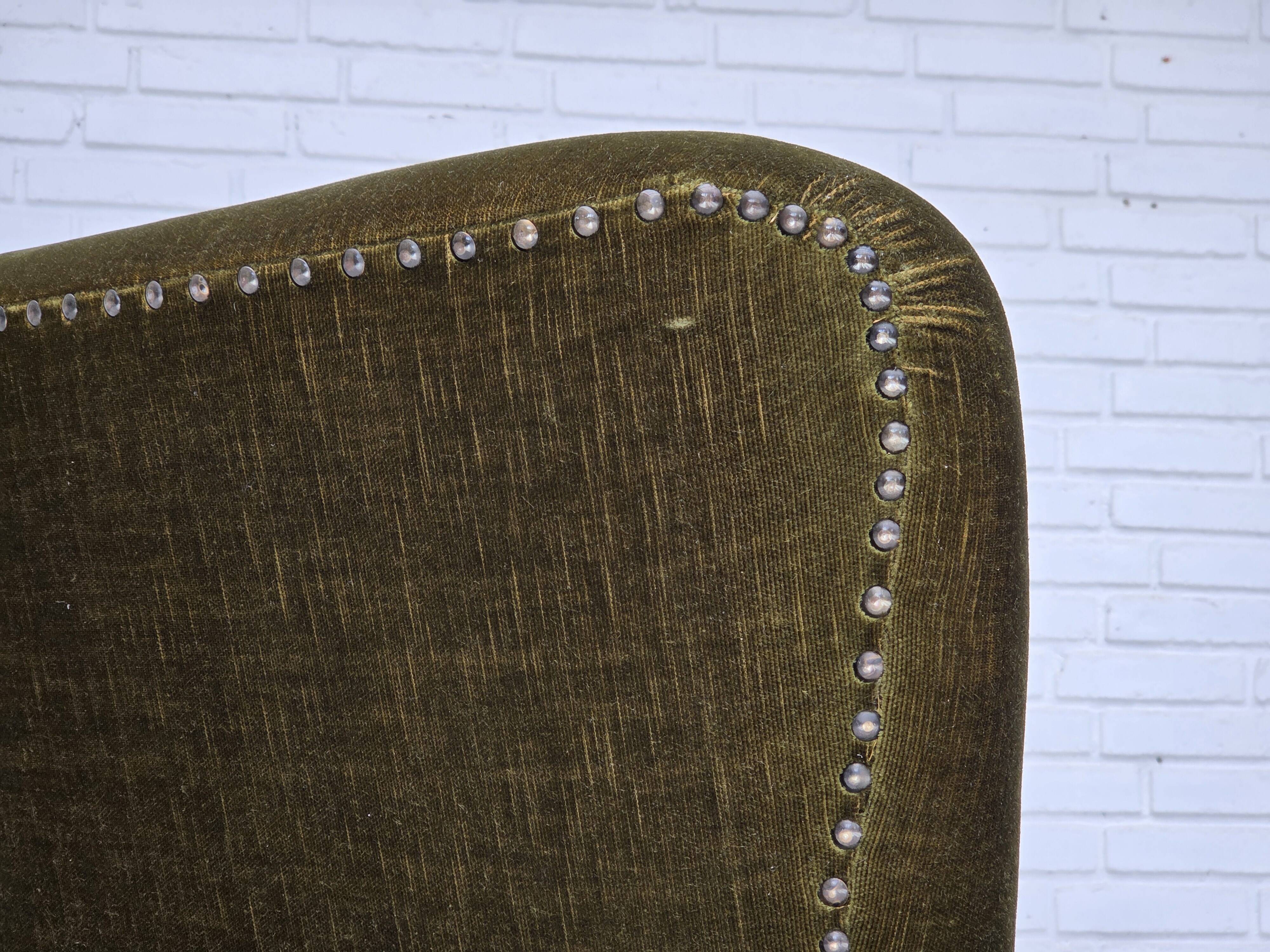 1970s, Danish lounge chair, high, furniture velour, ash wood legs.